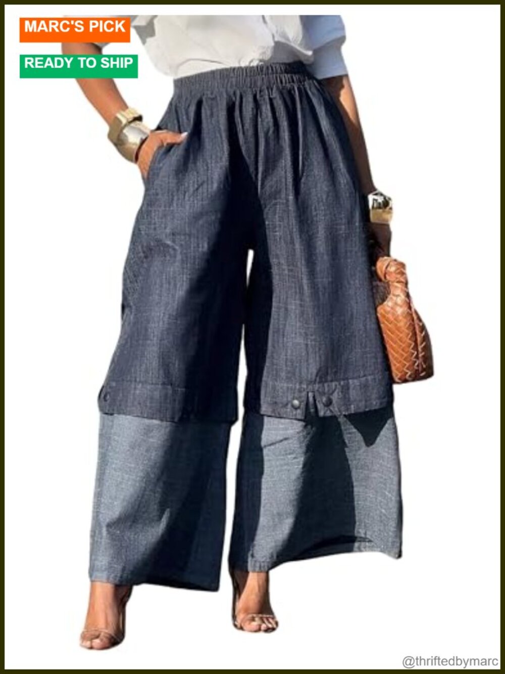 Wide Leg Palazzo Pants High Waisted Elastic Cotton Patchwork Trousers Pockets